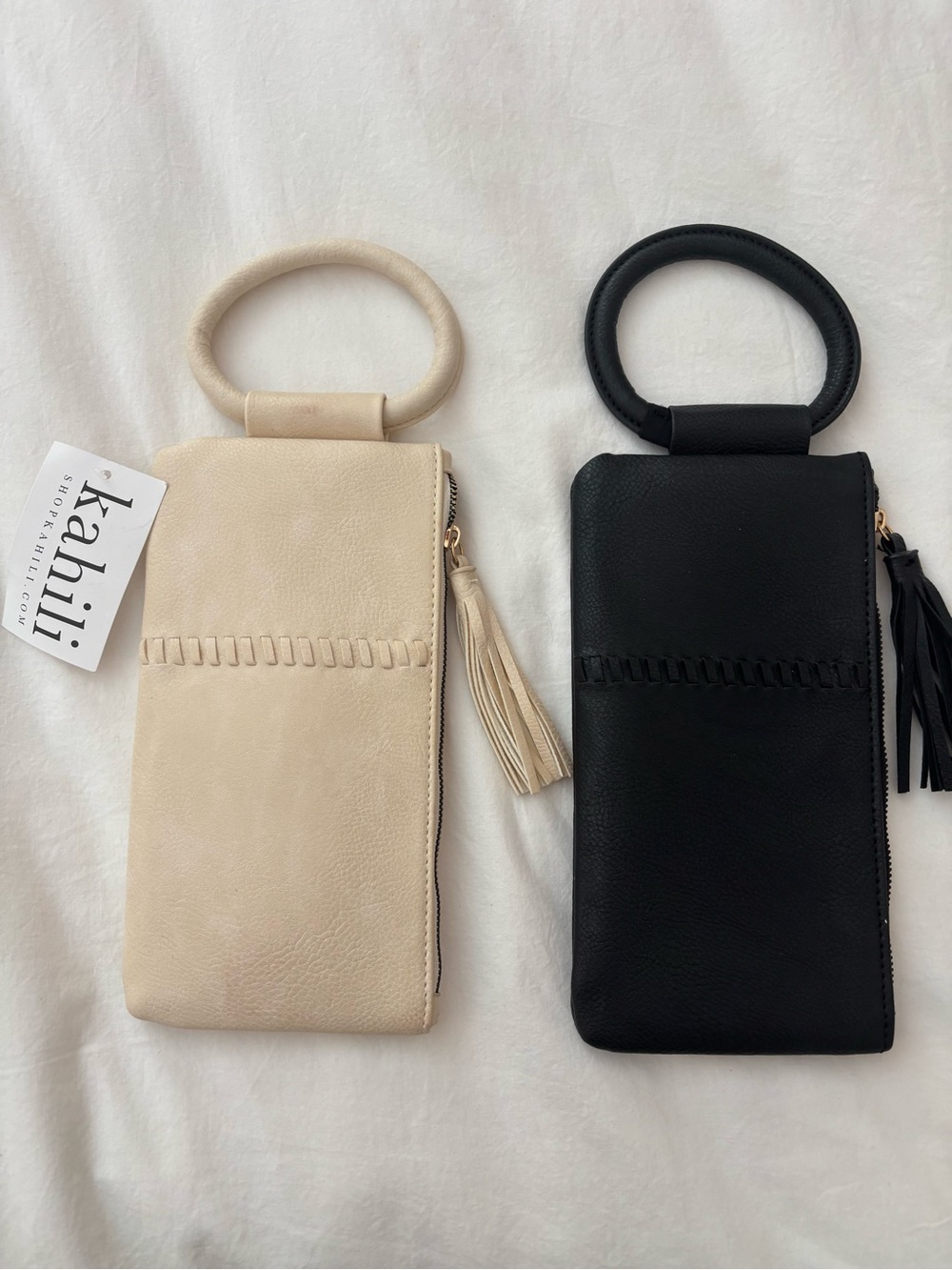 Cream and Black Wristlet Phone Bag with Tassel